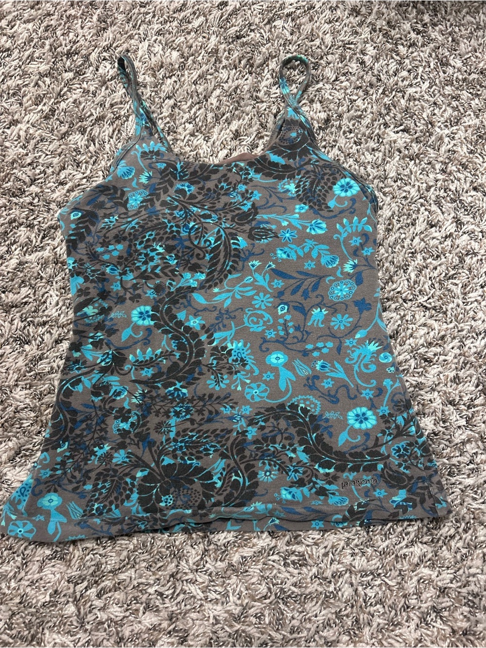Patagonia Gray Spaghetti Strap Camisole with Teal Floral Print